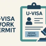 U visa work permit illustration showing a clipboard with a U-VISA document, a “WORK PERMIT” label, and a gavel, alongside the text “U-VISA WORK PERMIT.”