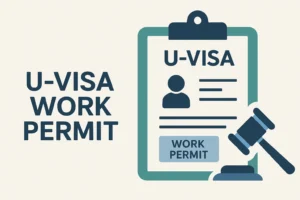 U visa work permit illustration showing a clipboard with a U-VISA document, a “WORK PERMIT” label, and a gavel, alongside the text “U-VISA WORK PERMIT.”