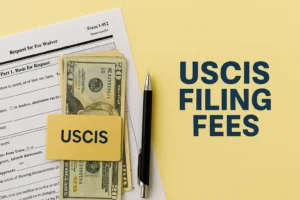 USCIS filing fees graphic showing Form I-912 (Request for Fee Waiver), U.S. dollar bills in a holder labeled “USCIS,” a pen, and the text “USCIS FILING FEES” on a yellow background.