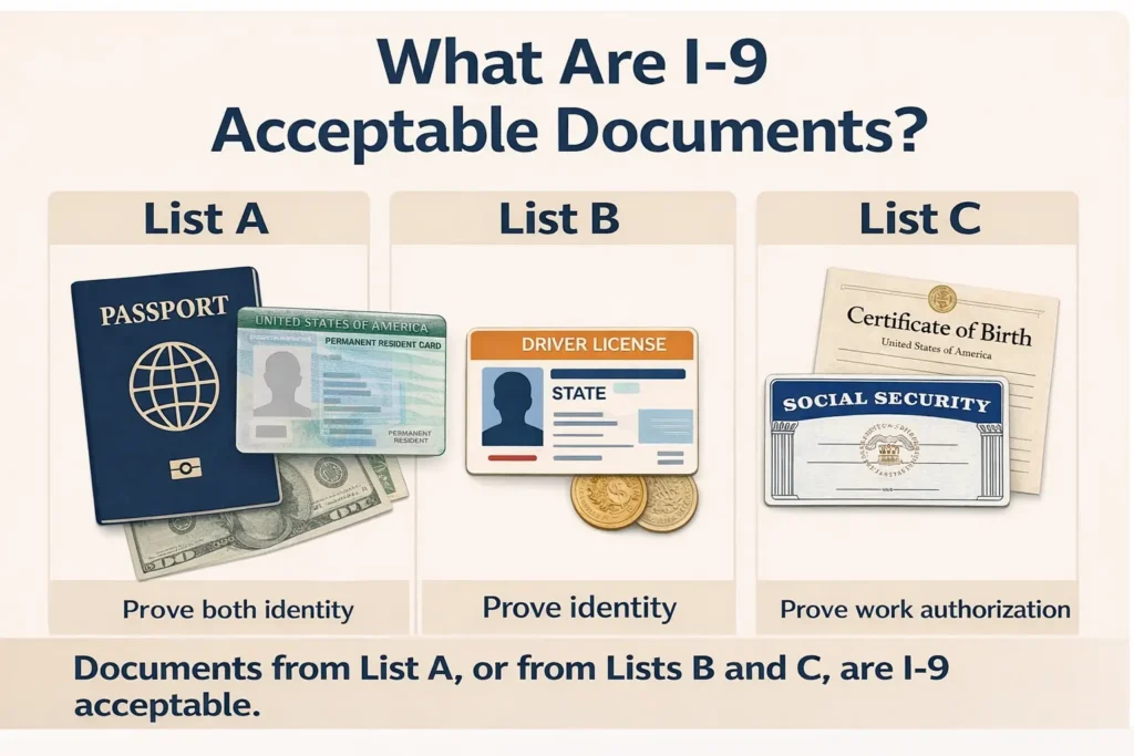 What Are I-9 Acceptable Documents? Illustration showing List A (U.S. passport and green card), List B (driver’s license) and List C (Social Security card and birth certificate), with a note that documents from List A or from Lists B and C are I-9 acceptable