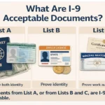 What Are I-9 Acceptable Documents? Illustration showing List A (U.S. passport and green card), List B (driver’s license) and List C (Social Security card and birth certificate), with a note that documents from List A or from Lists B and C are I-9 acceptable