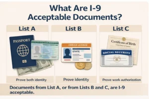 What Are I-9 Acceptable Documents? Illustration showing List A (U.S. passport and green card), List B (driver’s license) and List C (Social Security card and birth certificate), with a note that documents from List A or from Lists B and C are I-9 acceptable