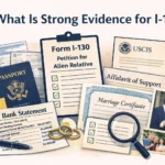 Digital illustration with the heading “What Is Strong Evidence for I-130?” showing a neat arrangement of immigration documents: a Form I-130 Petition for Alien Relative on a clipboard, a visible “Bank Statement,” a U.S. passport, an Affidavit of Support, a marriage certificate, checklist cards with green check marks, and family and wedding photos, all symbolizing the different types of evidence that support an I-130 petition