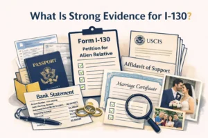 Digital illustration with the heading “What Is Strong Evidence for I-130?” showing a neat arrangement of immigration documents: a Form I-130 Petition for Alien Relative on a clipboard, a visible “Bank Statement,” a U.S. passport, an Affidavit of Support, a marriage certificate, checklist cards with green check marks, and family and wedding photos, all symbolizing the different types of evidence that support an I-130 petition