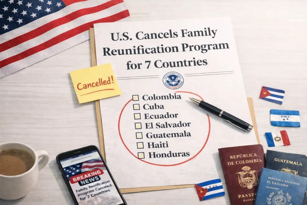Horizontal photo-style illustration of a light wooden desk with a printed notice that reads “U.S. Cancels Family Reunification Program for 7 Countries.” Below the headline there is a checklist with the countries Colombia, Cuba, Ecuador, El Salvador, Guatemala, Haiti and Honduras, circled in red, with a black pen resting beside it. A yellow sticky note says “Cancelled!”, a smartphone shows a “Breaking News – Family Reunification Program Canceled for 7 Countries” alert, and several passports and small flags from affected countries sit near a corner of the U.S. flag, symbolizing the impact on immigrant families