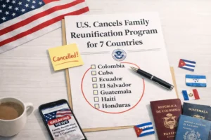 Horizontal photo-style illustration of a light wooden desk with a printed notice that reads “U.S. Cancels Family Reunification Program for 7 Countries.” Below the headline there is a checklist with the countries Colombia, Cuba, Ecuador, El Salvador, Guatemala, Haiti and Honduras, circled in red, with a black pen resting beside it. A yellow sticky note says “Cancelled!”, a smartphone shows a “Breaking News – Family Reunification Program Canceled for 7 Countries” alert, and several passports and small flags from affected countries sit near a corner of the U.S. flag, symbolizing the impact on immigrant families