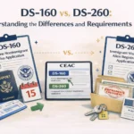 Infographic-style illustration comparing U.S. visa forms DS-160 and DS-260. At the top, the title reads “DS-160 vs. DS-260: Understanding the Differences and Requirements.” On the left, a clipboard labeled “DS-160 – Online Nonimmigrant Visa Application” appears next to a suitcase, passport, boarding pass and a calendar, symbolizing temporary travel. In the center, a CEAC screen shows both options, DS-160 and DS-260, highlighted. On the right, a clipboard labeled “DS-260 – Immigrant Visa and Alien Registration Application” stands beside an envelope of documents with an “Immigrant Resident” approval stamp and NVC-style paperwork, representing permanent immigration through consular processing