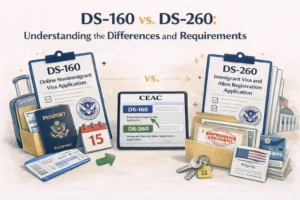 Infographic-style illustration comparing U.S. visa forms DS-160 and DS-260. At the top, the title reads “DS-160 vs. DS-260: Understanding the Differences and Requirements.” On the left, a clipboard labeled “DS-160 – Online Nonimmigrant Visa Application” appears next to a suitcase, passport, boarding pass and a calendar, symbolizing temporary travel. In the center, a CEAC screen shows both options, DS-160 and DS-260, highlighted. On the right, a clipboard labeled “DS-260 – Immigrant Visa and Alien Registration Application” stands beside an envelope of documents with an “Immigrant Resident” approval stamp and NVC-style paperwork, representing permanent immigration through consular processing