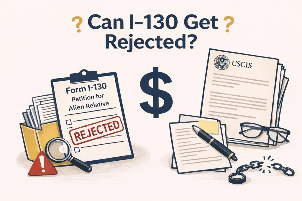 Can I-130 Get Rejected? Flat illustration showing a Form I-130 petition on a clipboard stamped “REJECTED” next to a folder of documents and a warning icon, with a dollar sign in the center and USCIS letters, paperwork, pen, glasses and a broken chain on the right, symbolizing I-130 denial reasons and consequences