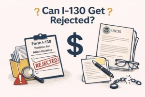 Can I-130 Get Rejected? Flat illustration showing a Form I-130 petition on a clipboard stamped “REJECTED” next to a folder of documents and a warning icon, with a dollar sign in the center and USCIS letters, paperwork, pen, glasses and a broken chain on the right, symbolizing I-130 denial reasons and consequences