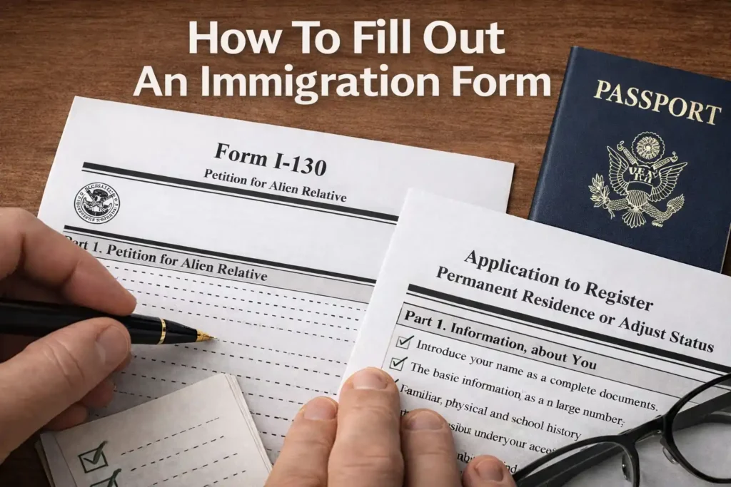 How To Fill Out An Immigration Form – close-up of hands completing USCIS Form I-130 and an application to register permanent residence on a wooden desk, with a black pen, checklist, eyeglasses and a U.S. passport illustrating the process of filling out an immigration form step by step.