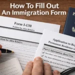 How To Fill Out An Immigration Form – close-up of hands completing USCIS Form I-130 and an application to register permanent residence on a wooden desk, with a black pen, checklist, eyeglasses and a U.S. passport illustrating the process of filling out an immigration form step by step.