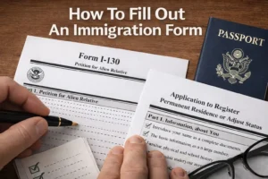 How To Fill Out An Immigration Form – close-up of hands completing USCIS Form I-130 and an application to register permanent residence on a wooden desk, with a black pen, checklist, eyeglasses and a U.S. passport illustrating the process of filling out an immigration form step by step.