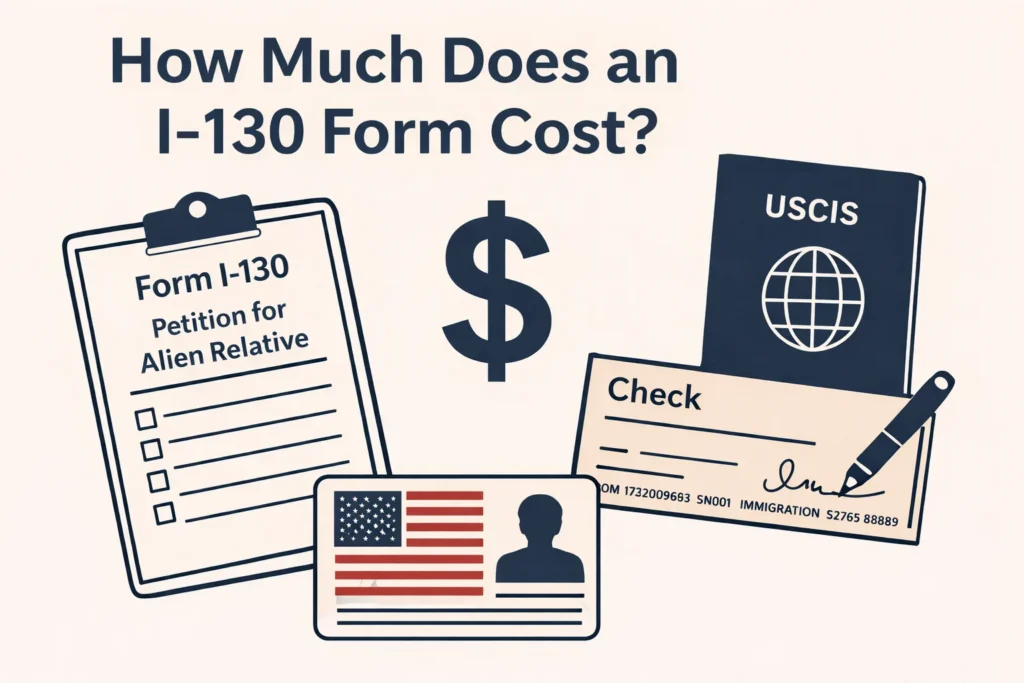 How Much Does an I-130 Form Cost? Flat illustration showing a Form I-130 petition on a clipboard, a large dollar sign, a USCIS booklet, a signed check and an ID card with the U.S. flag, representing the government filing fees and related costs of the I-130 form