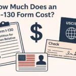 How Much Does an I-130 Form Cost? Flat illustration showing a Form I-130 petition on a clipboard, a large dollar sign, a USCIS booklet, a signed check and an ID card with the U.S. flag, representing the government filing fees and related costs of the I-130 form