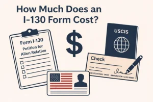 How Much Does an I-130 Form Cost? Flat illustration showing a Form I-130 petition on a clipboard, a large dollar sign, a USCIS booklet, a signed check and an ID card with the U.S. flag, representing the government filing fees and related costs of the I-130 form