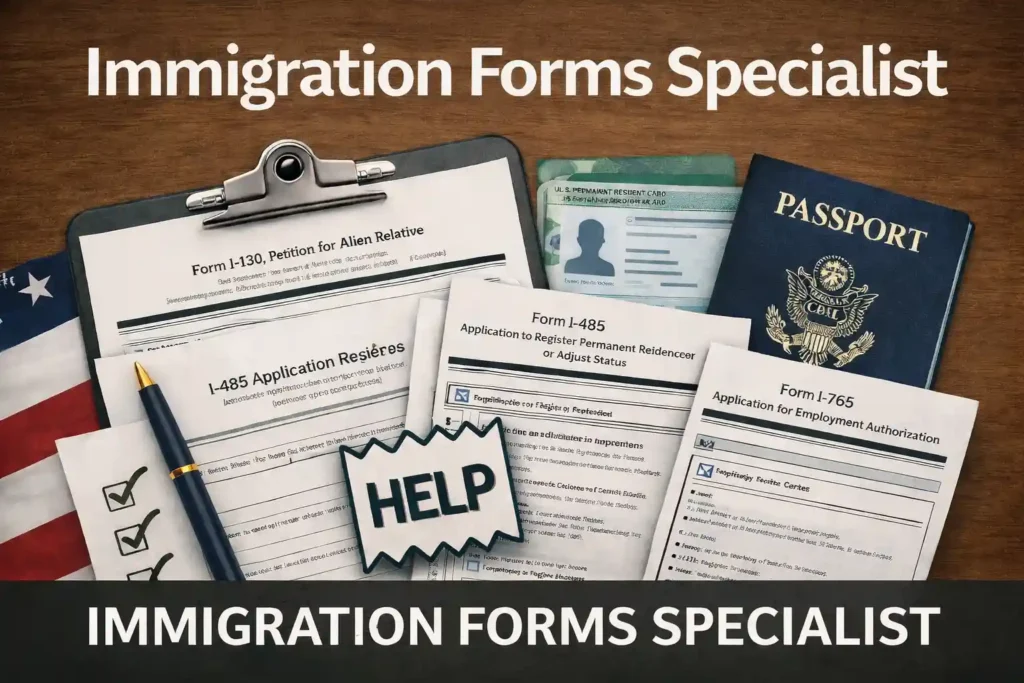 Immigration Forms Specialist illustration showing the title “Immigration Forms Specialist” above a desk with USCIS forms I-130, I-485 and I-765, a checklist with a pen, a U.S. passport, a green card and a “HELP” sign, representing practical support with immigration paperwork.