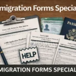 Immigration Forms Specialist illustration showing the title “Immigration Forms Specialist” above a desk with USCIS forms I-130, I-485 and I-765, a checklist with a pen, a U.S. passport, a green card and a “HELP” sign, representing practical support with immigration paperwork.