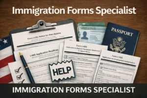 Immigration Forms Specialist illustration showing the title “Immigration Forms Specialist” above a desk with USCIS forms I-130, I-485 and I-765, a checklist with a pen, a U.S. passport, a green card and a “HELP” sign, representing practical support with immigration paperwork.