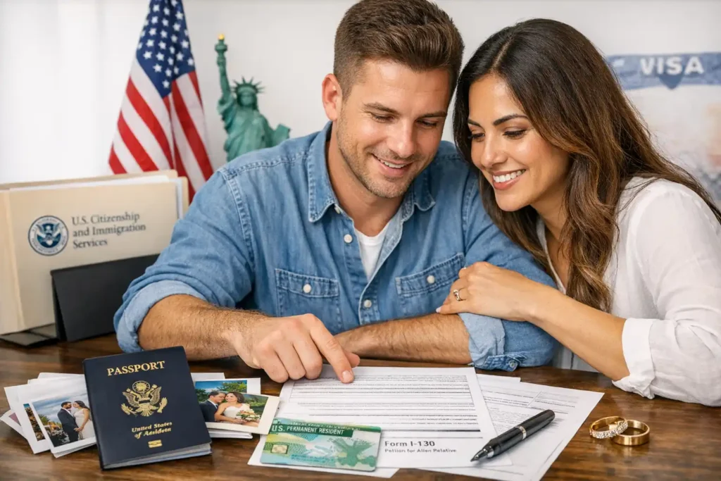 Smiling couple, an American man and a Latina woman, sitting at a table completing marriage-based green card paperwork with a U.S. passport, green card, USCIS folder and American flag in the background