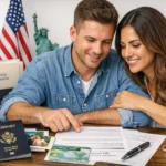 Smiling couple, an American man and a Latina woman, sitting at a table completing marriage-based green card paperwork with a U.S. passport, green card, USCIS folder and American flag in the background