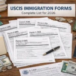 Organized stack of USCIS immigration forms for 2026, including Forms I-130, I-485, I-751 and I-765, laid out on a wooden desk with a USCIS folder, U.S. flag, Statue of Liberty figurine, calculator showing 2026, passport and dollar bills