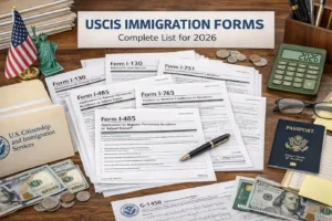 Organized stack of USCIS immigration forms for 2026, including Forms I-130, I-485, I-751 and I-765, laid out on a wooden desk with a USCIS folder, U.S. flag, Statue of Liberty figurine, calculator showing 2026, passport and dollar bills