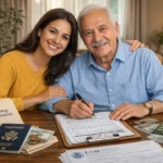 Smiling adult daughter and her elderly father sitting together at a table, completing USCIS immigration forms for his green card, with a USCIS folder, U.S. passport, small American flag, calculator showing 2026 and Statue of Liberty figurine on the desk
