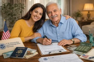 Smiling adult daughter and her elderly father sitting together at a table, completing USCIS immigration forms for his green card, with a USCIS folder, U.S. passport, small American flag, calculator showing 2026 and Statue of Liberty figurine on the desk