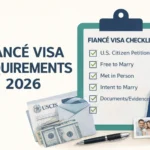 Flat, minimalist illustration with a cream background showing the title “Fiancé Visa Requirements 2026” in bold dark-blue letters on the left. On the right, a teal clipboard holds a “Fiancé Visa Checklist” with green check marks next to items such as U.S. citizen petitioner, free to marry, met in person, intent to marry, and documents/evidence. Below the clipboard are USCIS-style envelopes with money peeking out, a U.S. passport, a pen, a small photo of a smiling couple, and a tiny American flag, symbolizing the K-1 fiancé visa process and its requirements