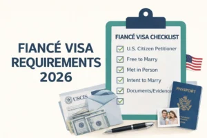 Flat, minimalist illustration with a cream background showing the title “Fiancé Visa Requirements 2026” in bold dark-blue letters on the left. On the right, a teal clipboard holds a “Fiancé Visa Checklist” with green check marks next to items such as U.S. citizen petitioner, free to marry, met in person, intent to marry, and documents/evidence. Below the clipboard are USCIS-style envelopes with money peeking out, a U.S. passport, a pen, a small photo of a smiling couple, and a tiny American flag, symbolizing the K-1 fiancé visa process and its requirements