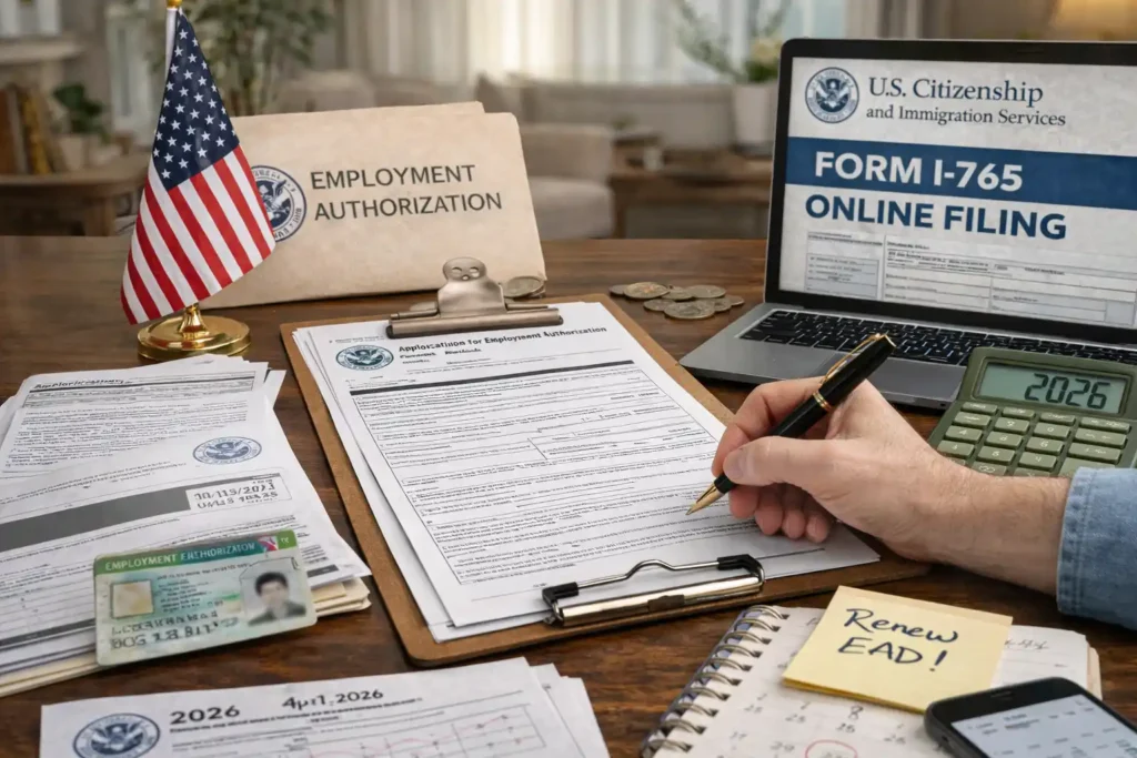 Close-up of a person renewing their Employment Authorization Document, hand filling out Form I-765 on a clipboard, with an EAD card, Employment Authorization folder, laptop showing “Form I-765 Online Filing,” a calculator displaying 2026, a calendar and a sticky note that says “Renew EAD!” on the desk