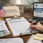 Close-up of a person renewing their Employment Authorization Document, hand filling out Form I-765 on a clipboard, with an EAD card, Employment Authorization folder, laptop showing “Form I-765 Online Filing,” a calculator displaying 2026, a calendar and a sticky note that says “Renew EAD!” on the desk