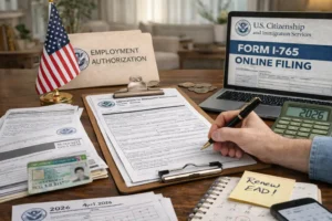 Close-up of a person renewing their Employment Authorization Document, hand filling out Form I-765 on a clipboard, with an EAD card, Employment Authorization folder, laptop showing “Form I-765 Online Filing,” a calculator displaying 2026, a calendar and a sticky note that says “Renew EAD!” on the desk