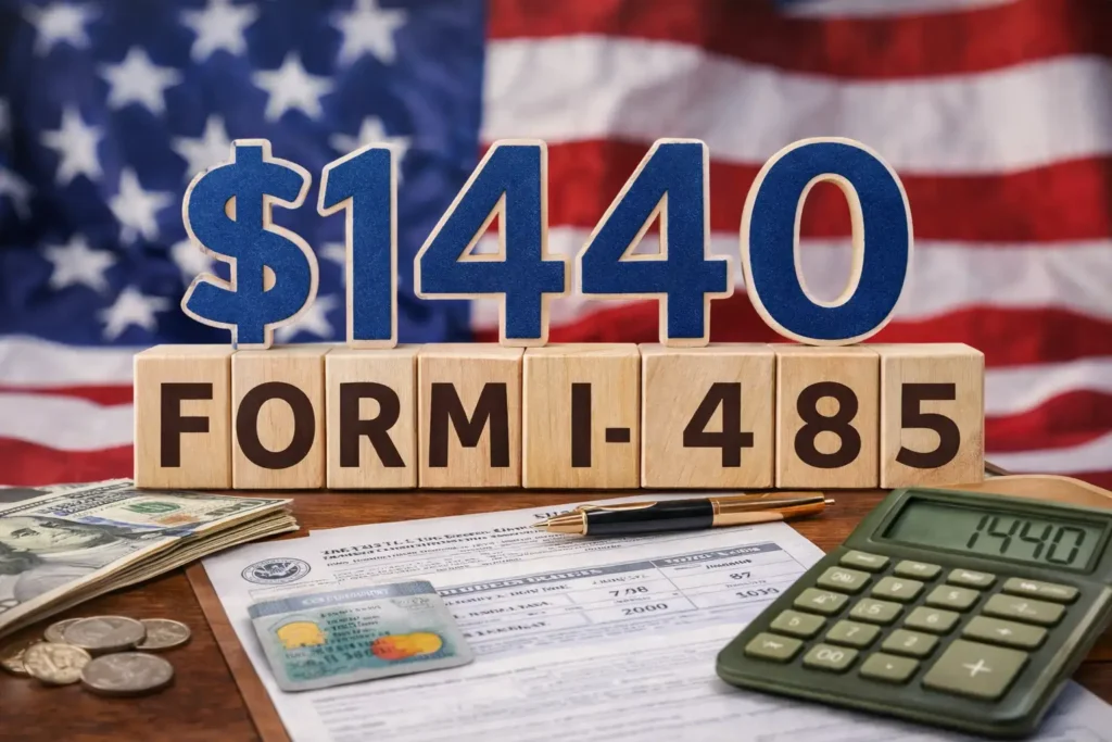 Close-up of wooden blocks spelling out “$1440 Form I-485” in front of a blurred U.S. flag, with dollar bills, coins, a calculator showing 1440 and an adjustment of status form on the desk