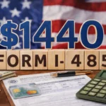Close-up of wooden blocks spelling out “$1440 Form I-485” in front of a blurred U.S. flag, with dollar bills, coins, a calculator showing 1440 and an adjustment of status form on the desk