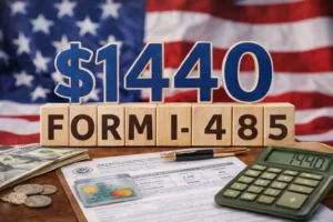 Close-up of wooden blocks spelling out “$1440 Form I-485” in front of a blurred U.S. flag, with dollar bills, coins, a calculator showing 1440 and an adjustment of status form on the desk