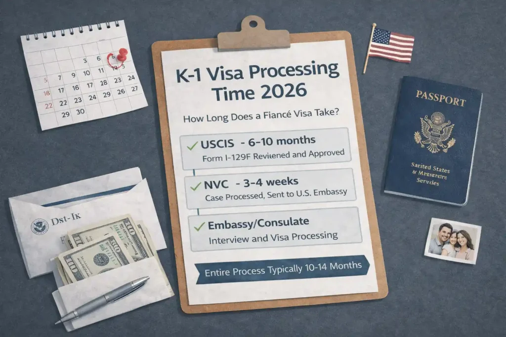 Minimalist flat-lay illustration on a dark desk showing a clipboard with a sheet titled “K-1 Visa Processing Time 2026,” summarizing the three main steps: USCIS review, NVC transfer and embassy/consulate interview. Around the clipboard there is a small calendar with a date circled in red, an envelope with money and a pen, a U.S. passport next to a tiny American flag and a small photo of a smiling couple, visually representing the waiting time, costs and emotional side of the K-1 fiancé visa process