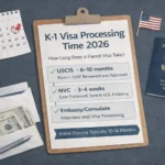 Minimalist flat-lay illustration on a dark desk showing a clipboard with a sheet titled “K-1 Visa Processing Time 2026,” summarizing the three main steps: USCIS review, NVC transfer and embassy/consulate interview. Around the clipboard there is a small calendar with a date circled in red, an envelope with money and a pen, a U.S. passport next to a tiny American flag and a small photo of a smiling couple, visually representing the waiting time, costs and emotional side of the K-1 fiancé visa process