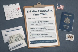 Minimalist flat-lay illustration on a dark desk showing a clipboard with a sheet titled “K-1 Visa Processing Time 2026,” summarizing the three main steps: USCIS review, NVC transfer and embassy/consulate interview. Around the clipboard there is a small calendar with a date circled in red, an envelope with money and a pen, a U.S. passport next to a tiny American flag and a small photo of a smiling couple, visually representing the waiting time, costs and emotional side of the K-1 fiancé visa process