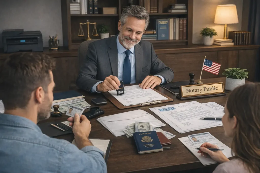 Horizontal photo of a professional notary public in a suit sitting at a dark wooden desk, smiling as he stamps a document on a clipboard. Across from him, a man and a woman hold their IDs and review paperwork. On the desk are passports, cash, envelopes, and legal forms, next to a nameplate that reads “Notary Public” and a small U.S. flag. In the background, shelves with law books and a scale of justice emphasize this as an official notarization setting