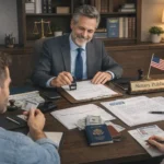 Horizontal photo of a professional notary public in a suit sitting at a dark wooden desk, smiling as he stamps a document on a clipboard. Across from him, a man and a woman hold their IDs and review paperwork. On the desk are passports, cash, envelopes, and legal forms, next to a nameplate that reads “Notary Public” and a small U.S. flag. In the background, shelves with law books and a scale of justice emphasize this as an official notarization setting