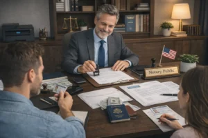 Horizontal photo of a professional notary public in a suit sitting at a dark wooden desk, smiling as he stamps a document on a clipboard. Across from him, a man and a woman hold their IDs and review paperwork. On the desk are passports, cash, envelopes, and legal forms, next to a nameplate that reads “Notary Public” and a small U.S. flag. In the background, shelves with law books and a scale of justice emphasize this as an official notarization setting