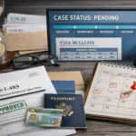 Desk scene illustrating Form I-485 adjustment of status processing time: approved I-485 form, Permanent Resident Card and passport, USCIS envelopes, calendar with circled dates, computer screen showing case status pending and Visa Bulletin, hourglass and fingerprint scanner symbolizing the wait for a green card in 2026