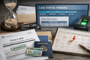 Desk scene illustrating Form I-485 adjustment of status processing time: approved I-485 form, Permanent Resident Card and passport, USCIS envelopes, calendar with circled dates, computer screen showing case status pending and Visa Bulletin, hourglass and fingerprint scanner symbolizing the wait for a green card in 2026
