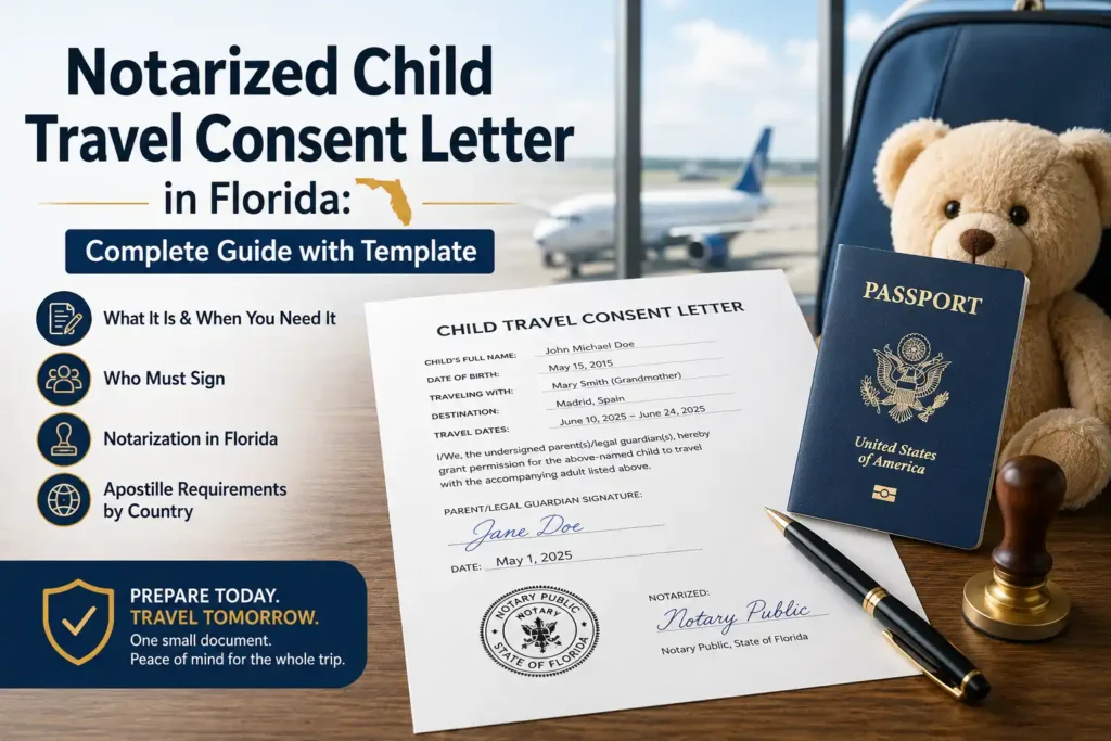 Filled and notarized child travel consent letter in Florida next to a U.S. passport and official notary stamp, with an airplane visible in the background