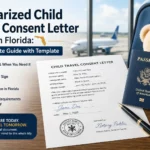 Filled and notarized child travel consent letter in Florida next to a U.S. passport and official notary stamp, with an airplane visible in the background