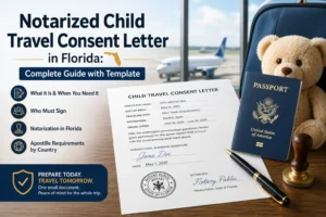 Filled and notarized child travel consent letter in Florida next to a U.S. passport and official notary stamp, with an airplane visible in the background