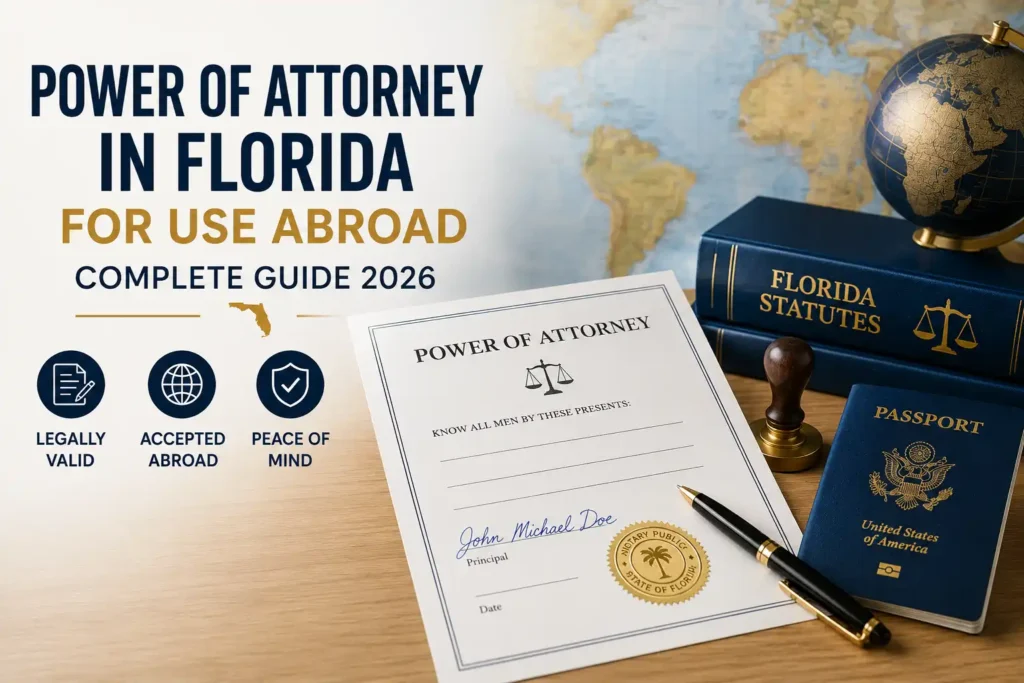 Notarized Florida power of attorney for use abroad next to a Florida Statutes book, U.S. passport, and globe