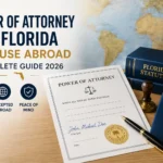 Notarized Florida power of attorney for use abroad next to a Florida Statutes book, U.S. passport, and globe